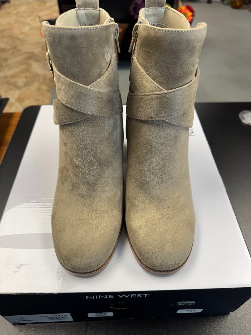 Nine West Taupe Suede Wrap-Strap Ankle Booties
